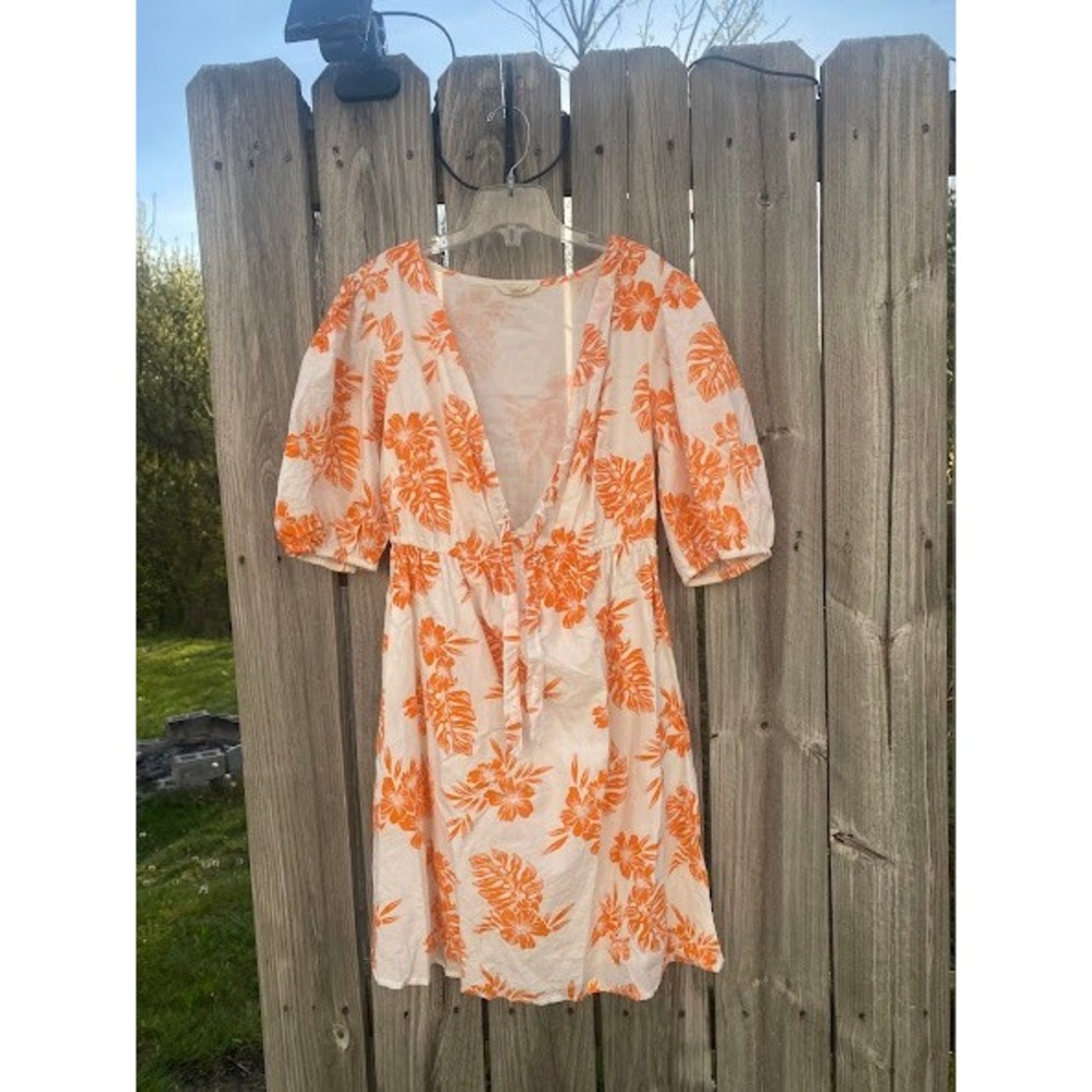 Sim & Sam Orange Tropical Floral Cotton Tie Front Puff Sleeve Dress Large (flaw)